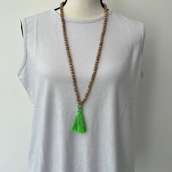 Boho Mala Necklace with Neon Green Tassel & Wood Tulsi Beads - Picture 5 of 6